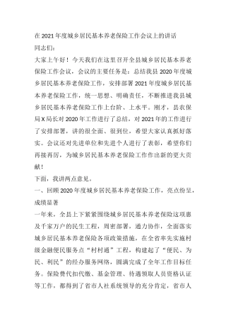 在2021年度城乡居民基本养老保险工作会议上的讲话