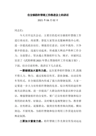 在2021年全镇秸秆禁烧工作推进会上的讲话