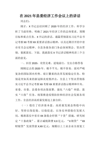 在2021年县委经济工作会议上的讲话参考