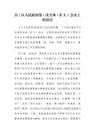 在X区人民政府第X次全体（扩大）会议上的讲话
