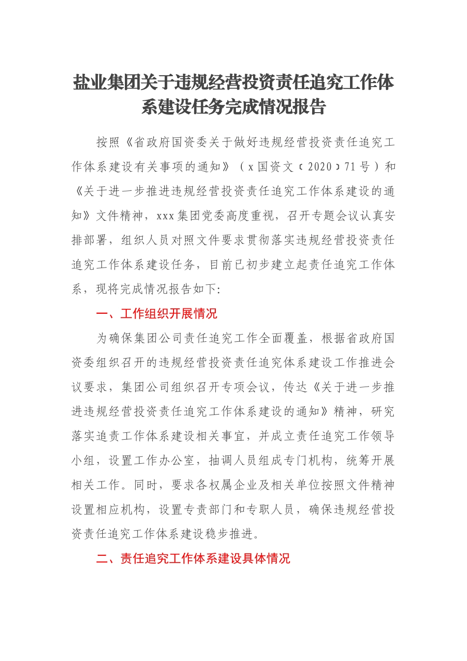 盐业集团关于违规经营投资责任追究工作体系建设任务完成情况报告_第1页