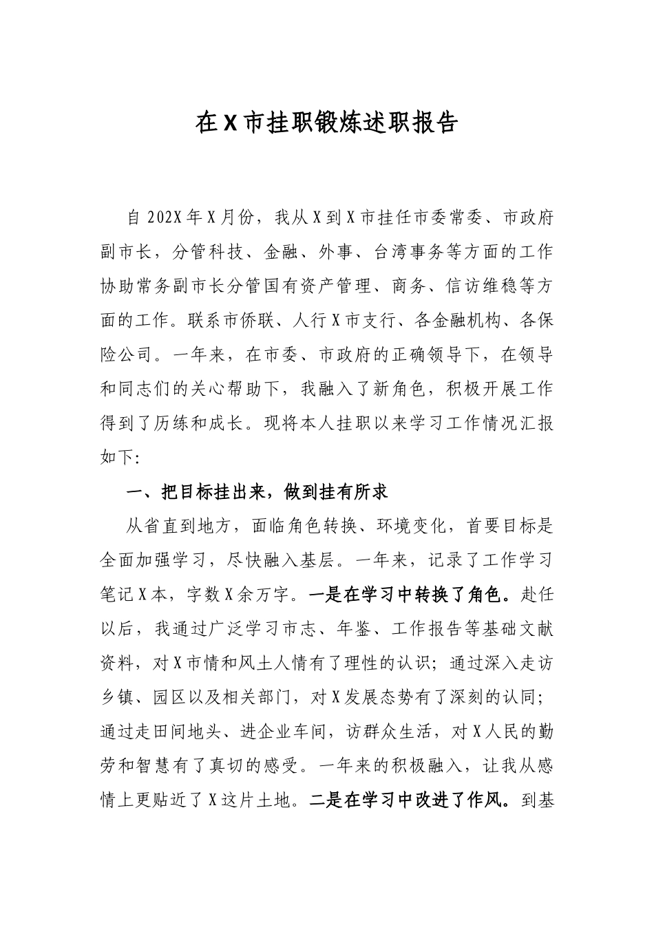 在X市挂职锻炼述职报告_第1页