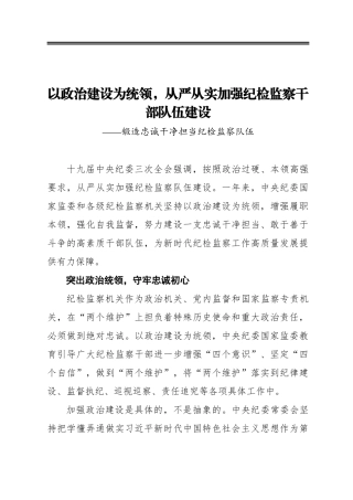 以政治建设为统领，从严从实加强纪检监察干部队伍建设
