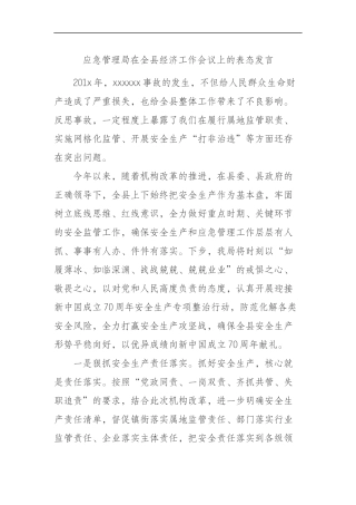 应急管理局在全县经济工作会议上的表态发言
