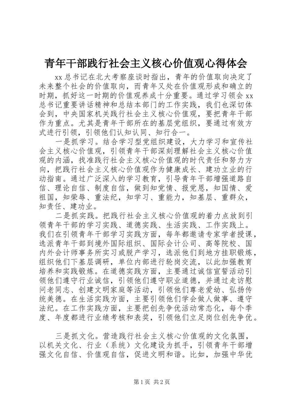 2024年青年干部践行社会主义核心价值观心得体会_第1页