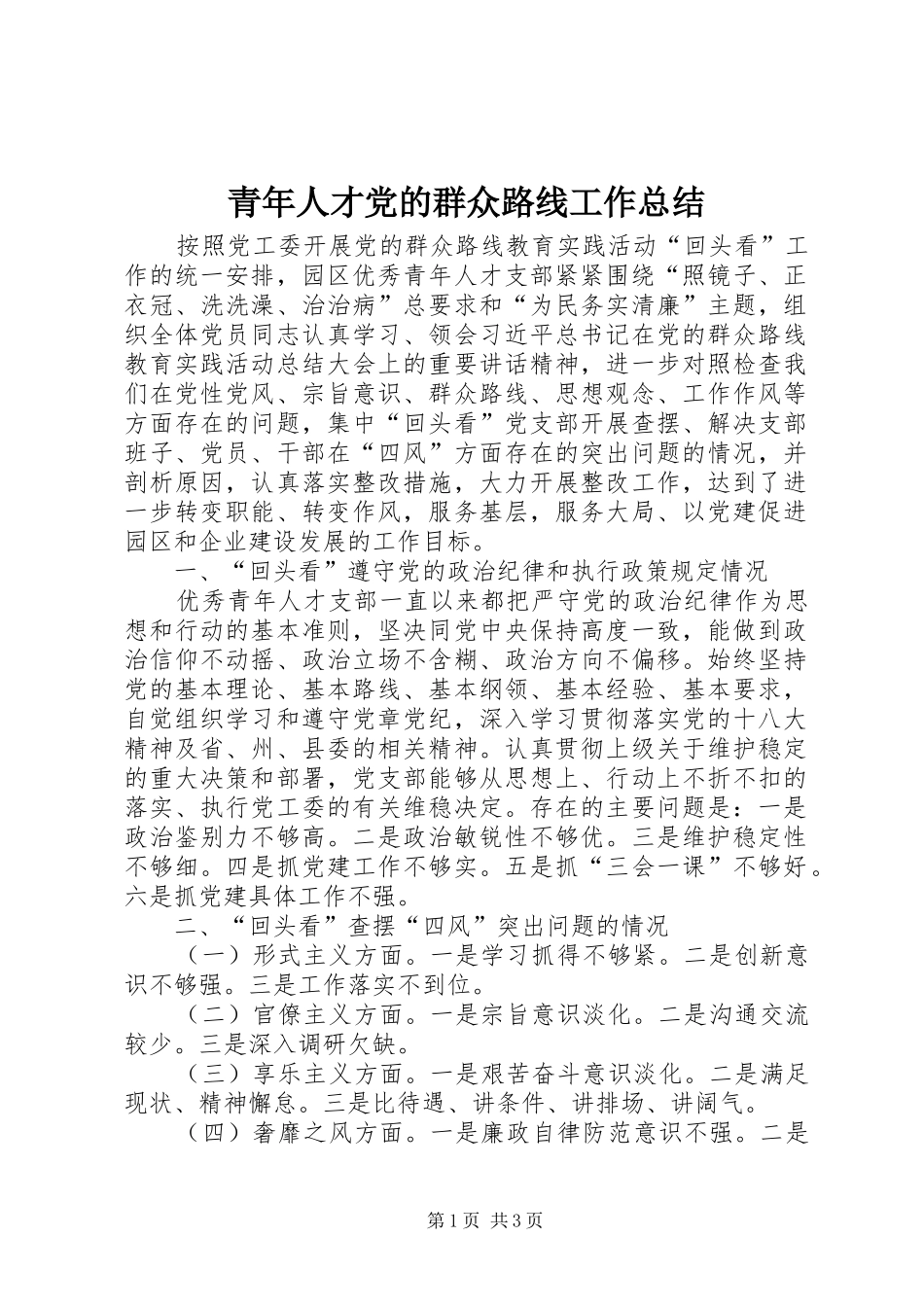 2024年青年人才党的群众路线工作总结_第1页
