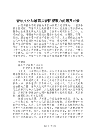 2024年青年文化与增强共青团凝聚力问题及对策