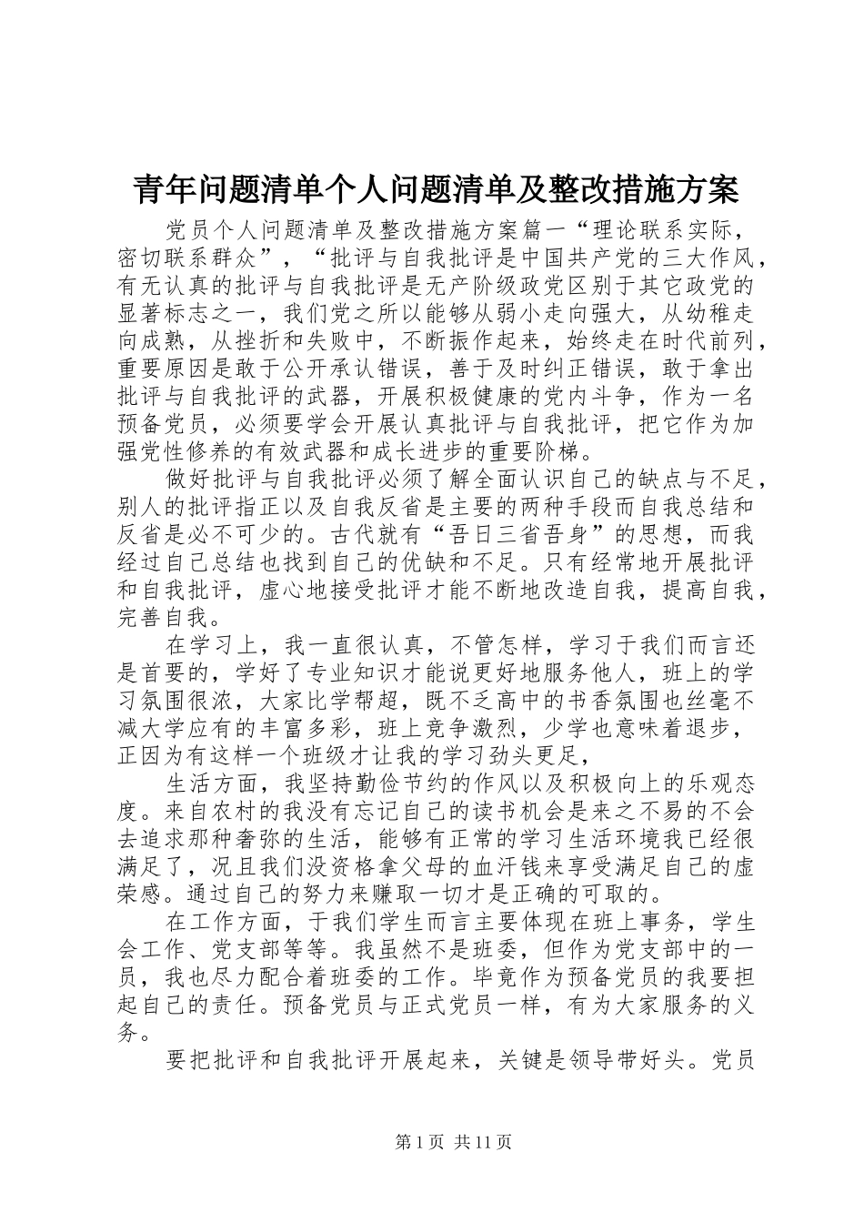 2024年青年问题清单个人问题清单及整改措施方案_第1页
