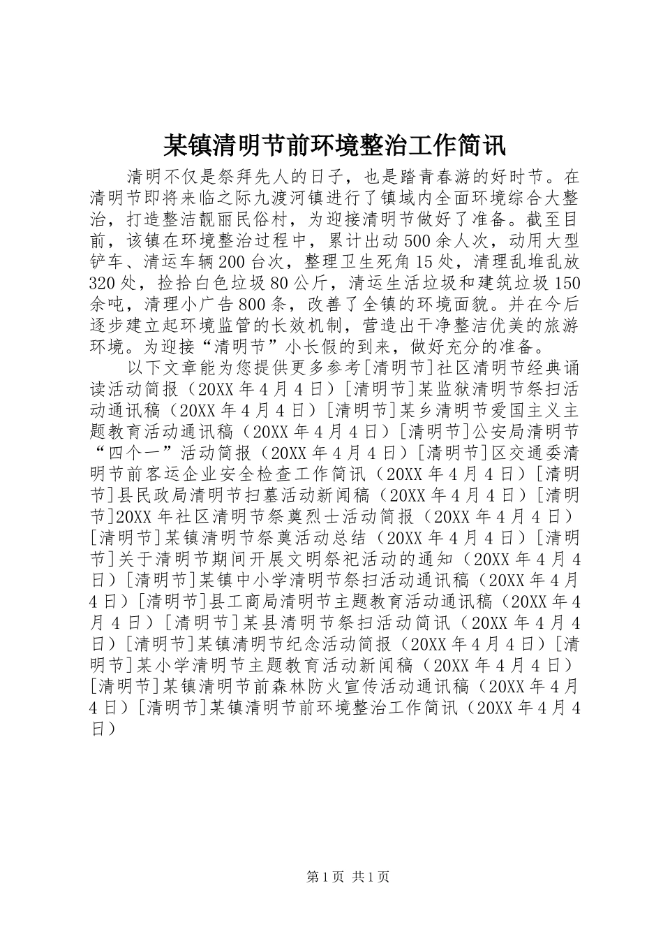 2024年镇清明节前环境整治工作简讯_第1页