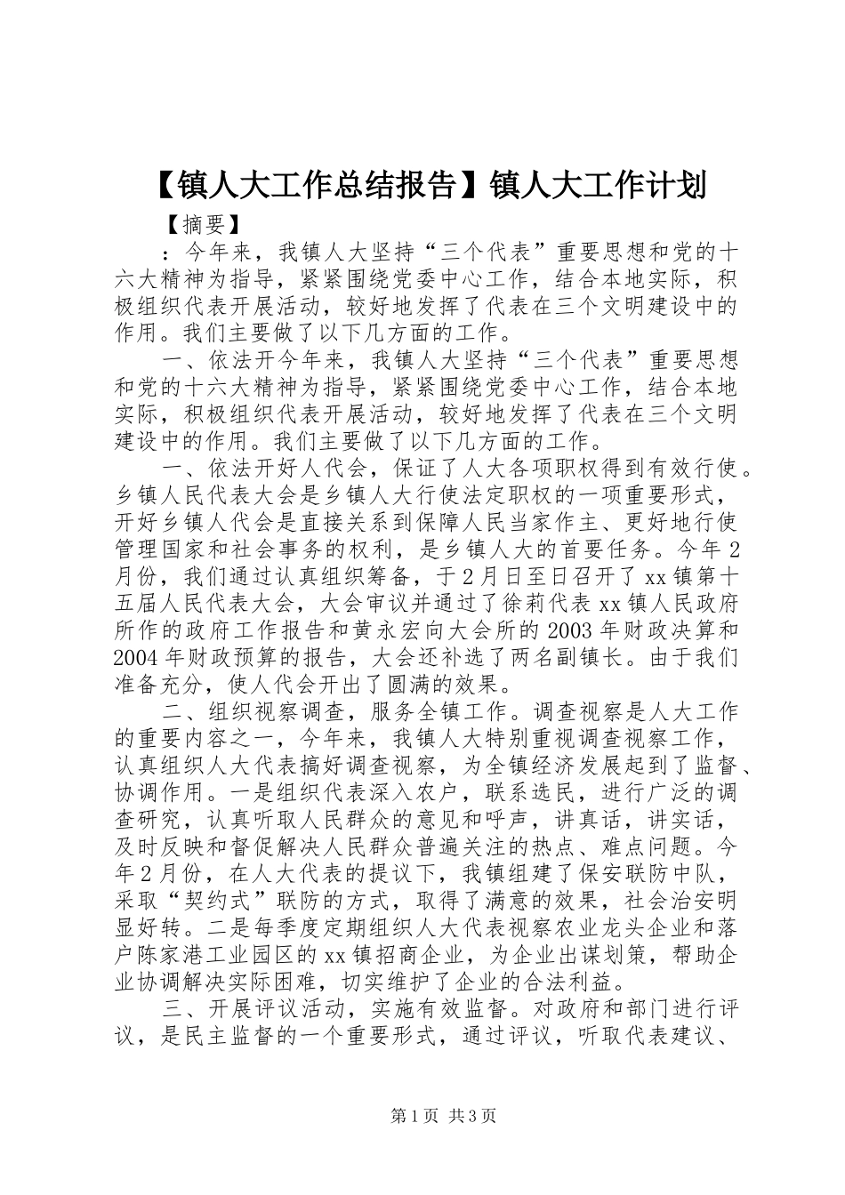 2024年镇人大工作总结报告镇人大工作计划_第1页