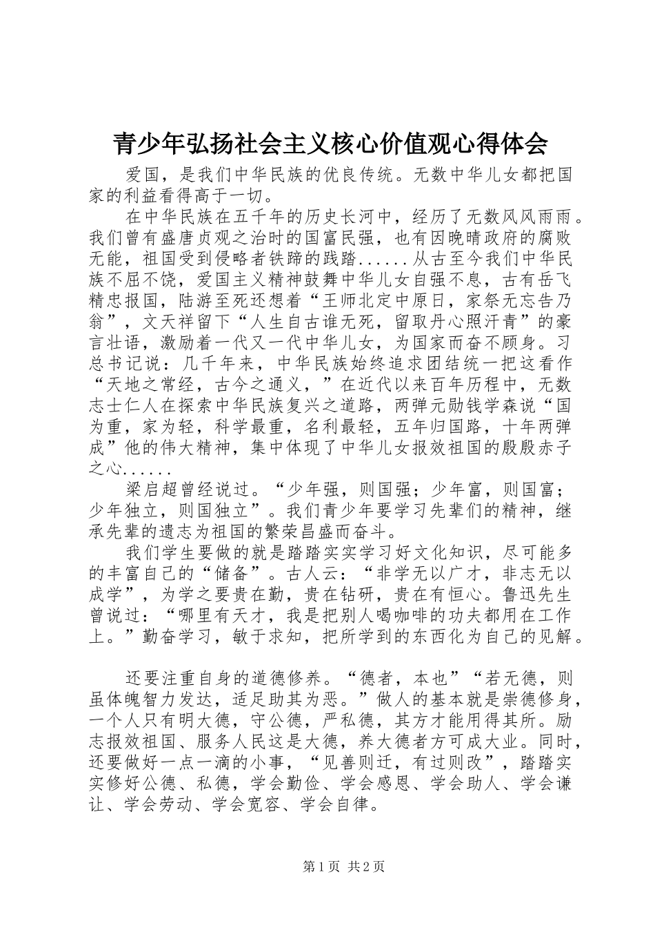 2024年青少年弘扬社会主义核心价值观心得体会_第1页