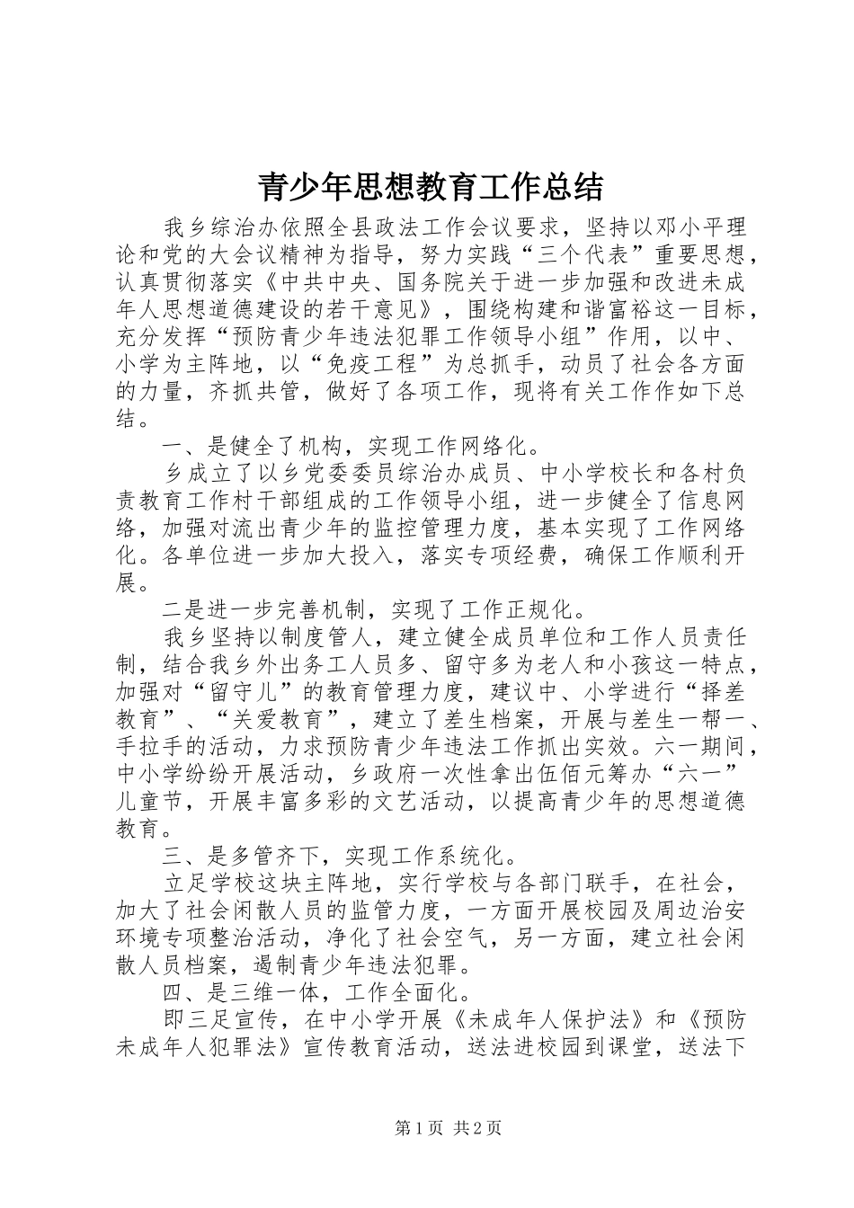 2024年青少年思想教育工作总结_第1页