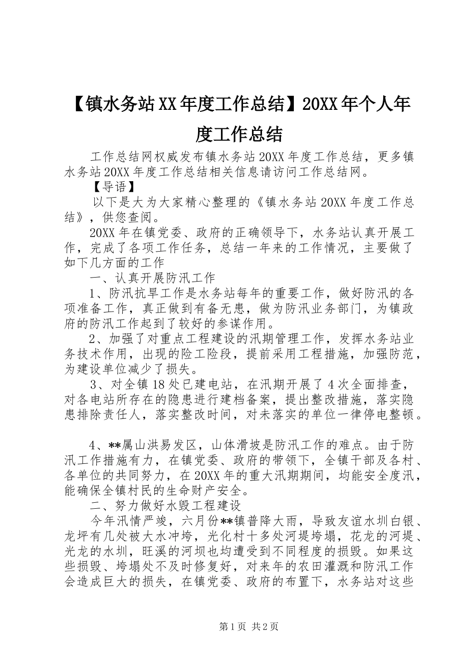 2024年镇水务站工作总结个人年度工作总结_第1页