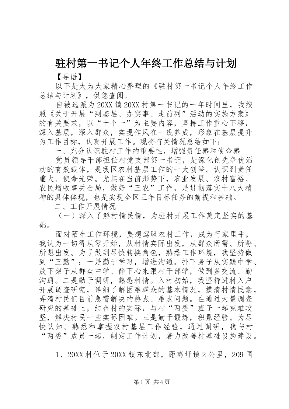 2024年驻村第一书记个人年终工作总结与计划_第1页