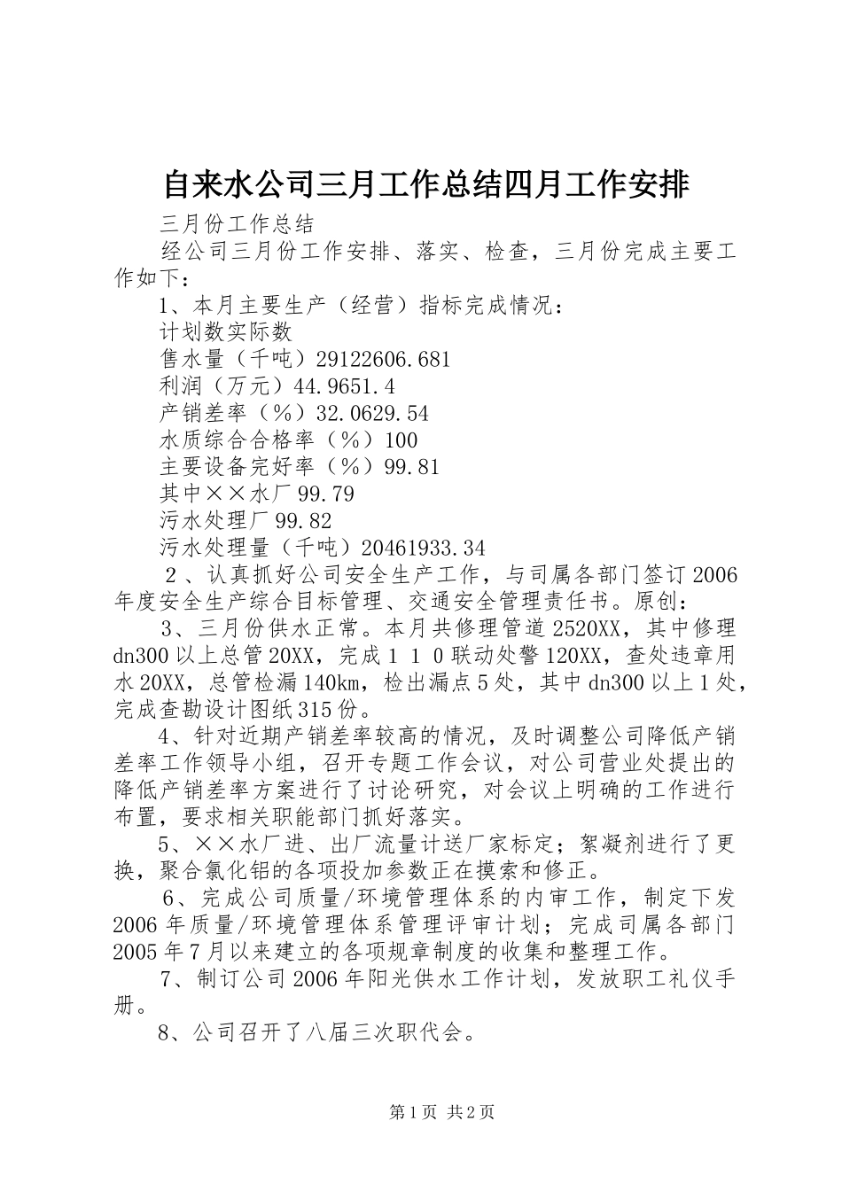 2024年自来水公司三月工作总结四月工作安排_第1页