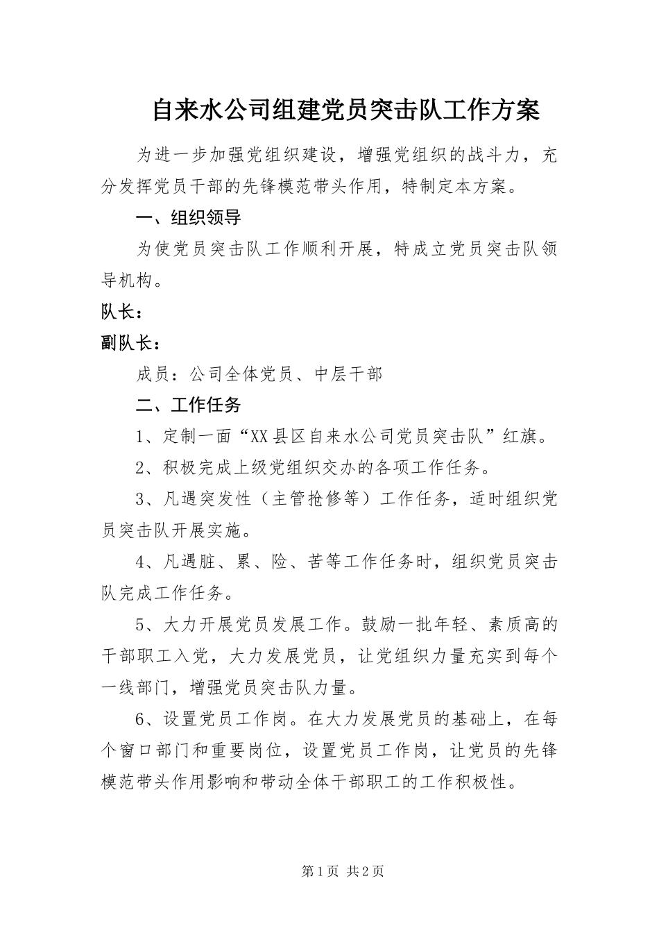 2024年自来水公司组建党员突击队工作方案_第1页