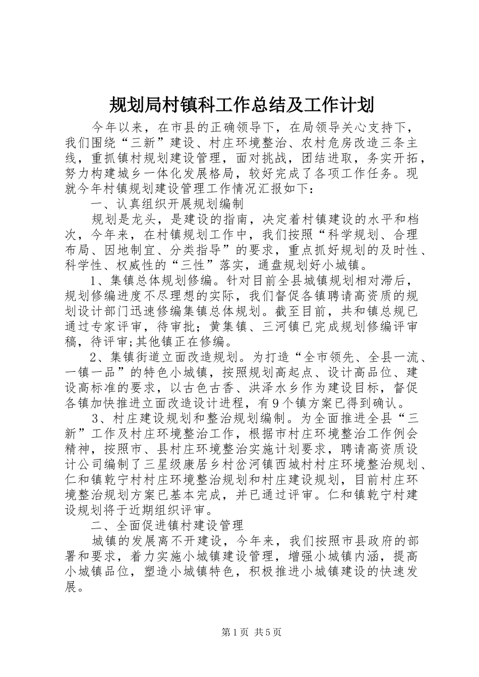 2024年规划局村镇科工作总结及工作计划_第1页