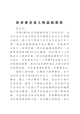在市委全会上的总结讲话
