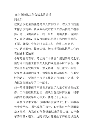 在全市防汛工作会议上的讲话