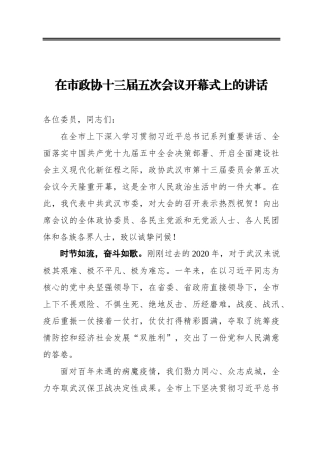 在市政协十三届五次会议开幕式上的讲话
