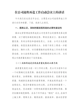 在公司流程再造工作启动会议上的讲话