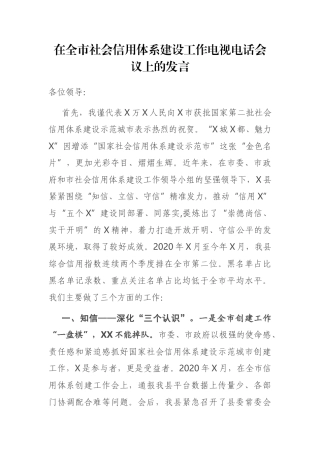在全市社会信用体系建设工作电视电话会议上的发言