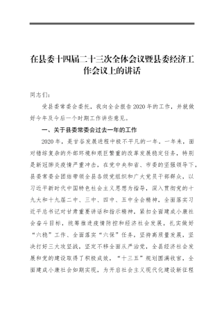 在县委十四届二十三次全体会议暨县委经济工作会议上的讲话