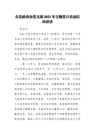 在县政府办党支部2021年主题党日活动后的讲话