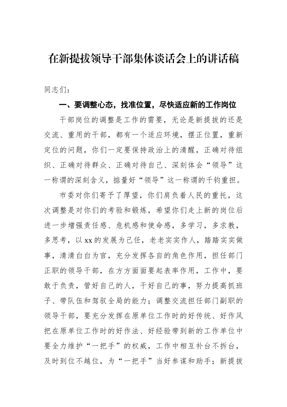 在新提拔领导干部集体谈话会上的讲话稿_第1页