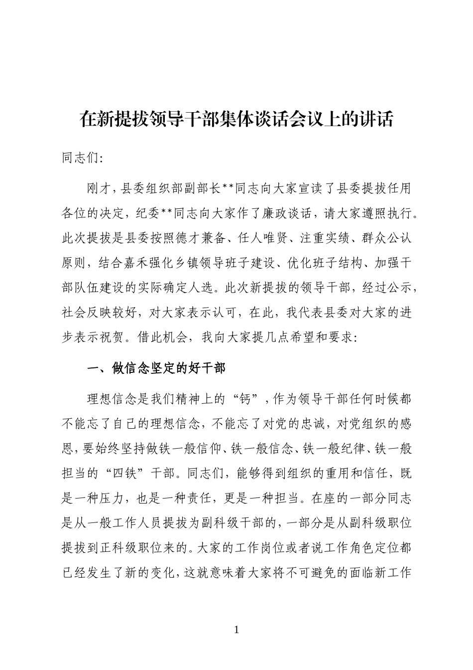 在新提拔领导干部集体谈话会议上的讲话（范文）_第1页