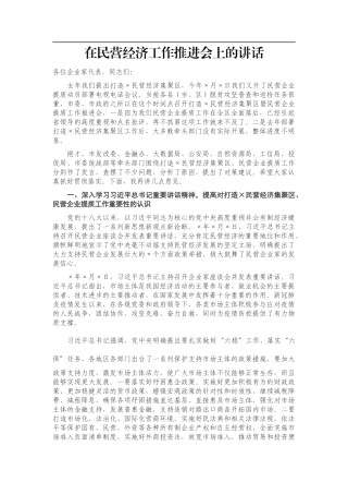 在民营经济工作推进会上的讲话