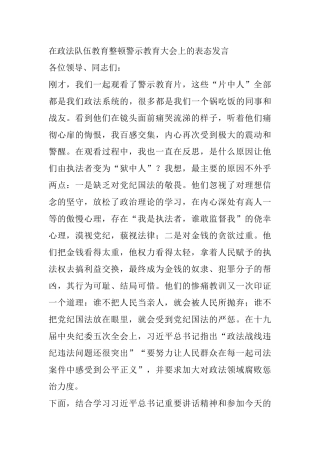 在政法队伍教育整顿警示教育大会上的表态发言