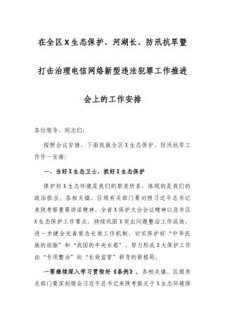 在全区X生态保护、河湖长、防汛抗旱暨打击治理电信网络新型违法犯罪工作推进会上的工作安排