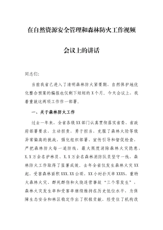 在自然资源安全管理和森林防火工作视频会议上的讲话