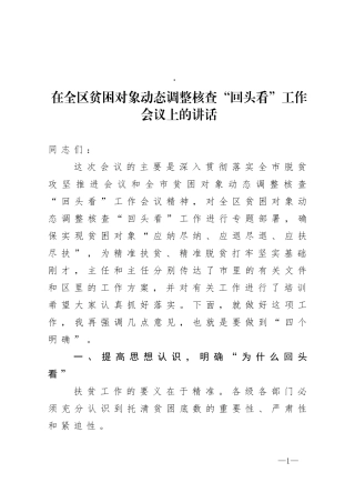 在全区贫困对象动态调整核查回头看工作会议上的讲话