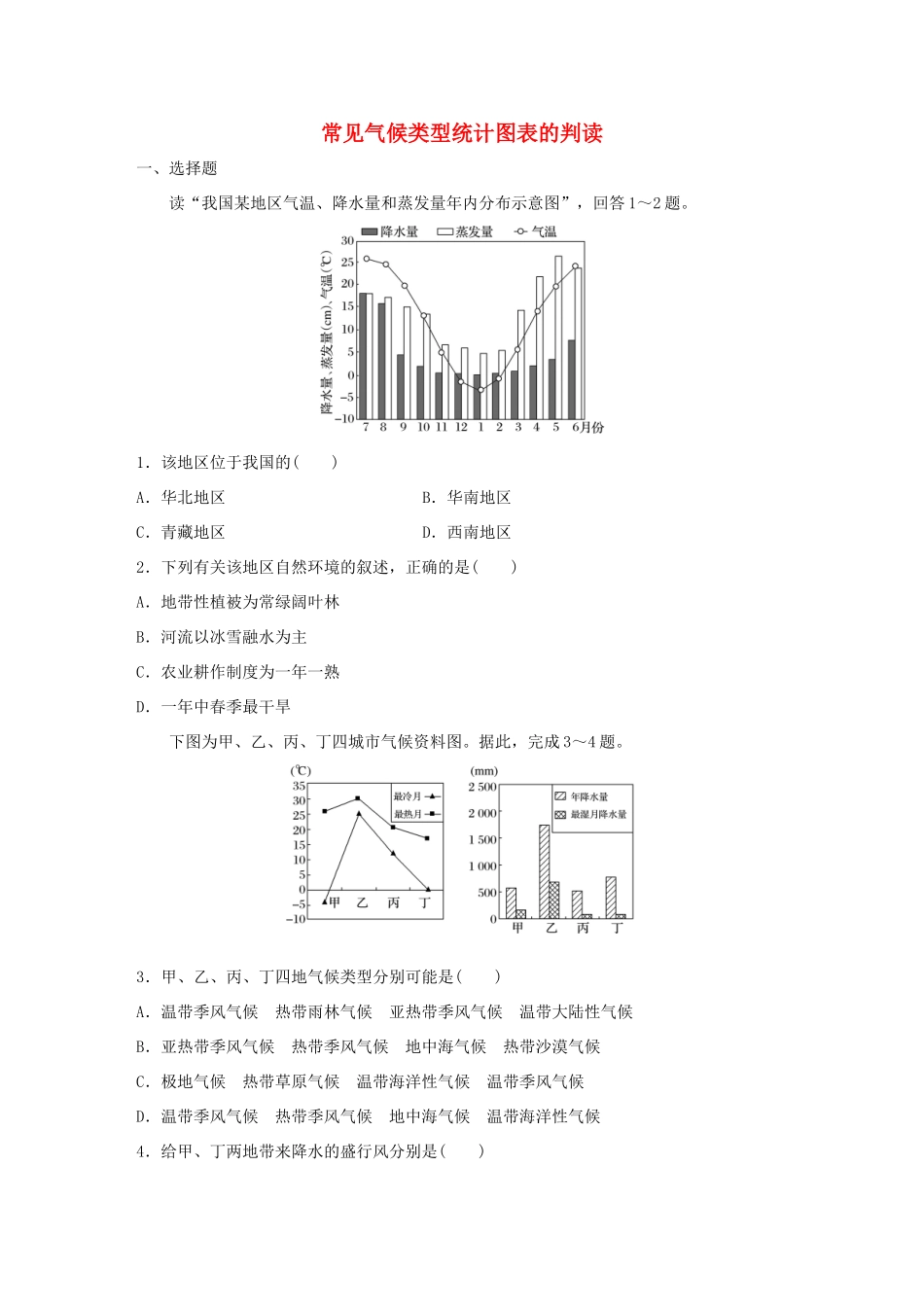 （江苏专用）高考地理考点精选精练 专题4 气候的成因和判读 高频考点24 常见气候类型统计图表的判读-人教版高三地理试题_第1页