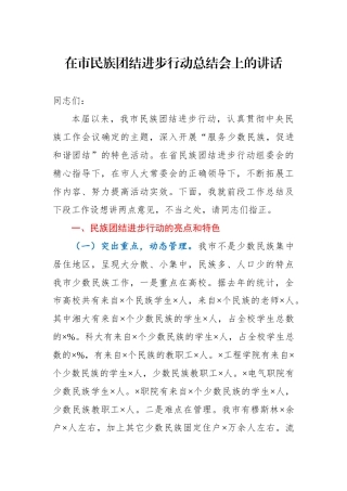 在市民族团结进步行动总结会上的讲话