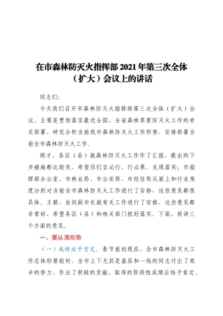 在市森林防灭火指挥部2021年第三次全体（扩大）会议上的讲话