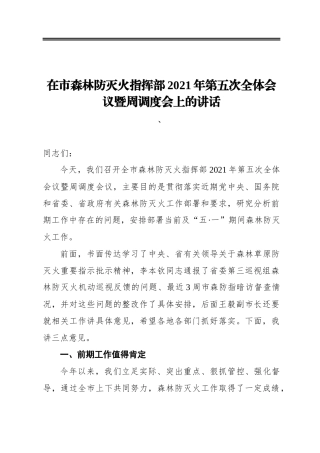 在市森林防灭火指挥部2021年第五次全体会议暨周调度会上的讲话
