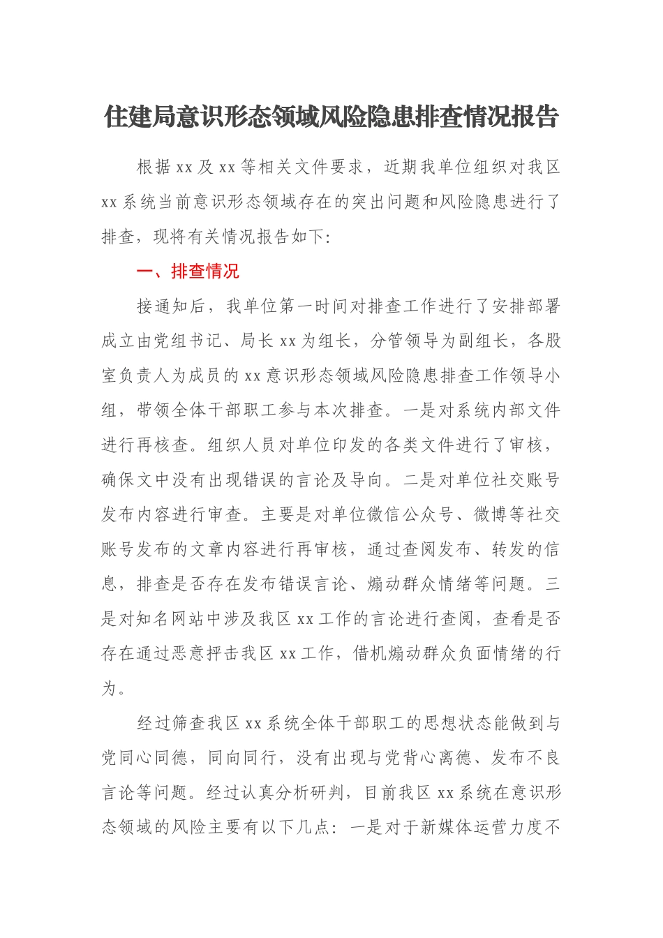 住建局意识形态领域风险隐患排查情况报告_第1页