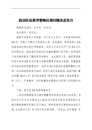 政法：X市政法队伍教育整顿反馈问题表态发言