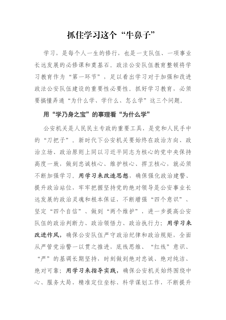 政法公安队伍教育整顿学习会讲话：抓住学习这个“牛鼻子”_第1页