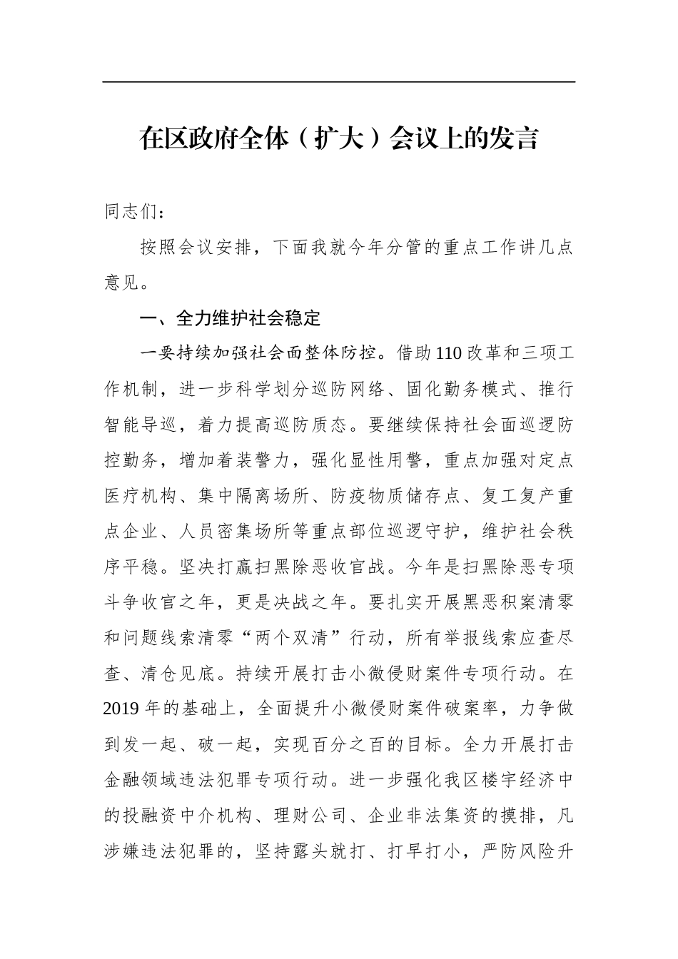 政府办：副区长在区政府全体（扩大）会议上的发言【分管治安、信访，应该是公安局长】_第1页