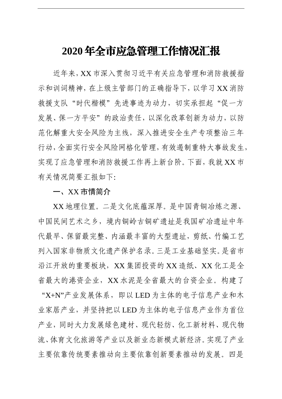 政府办：市人民政府2020年全市应急管理工作情况汇报_第1页
