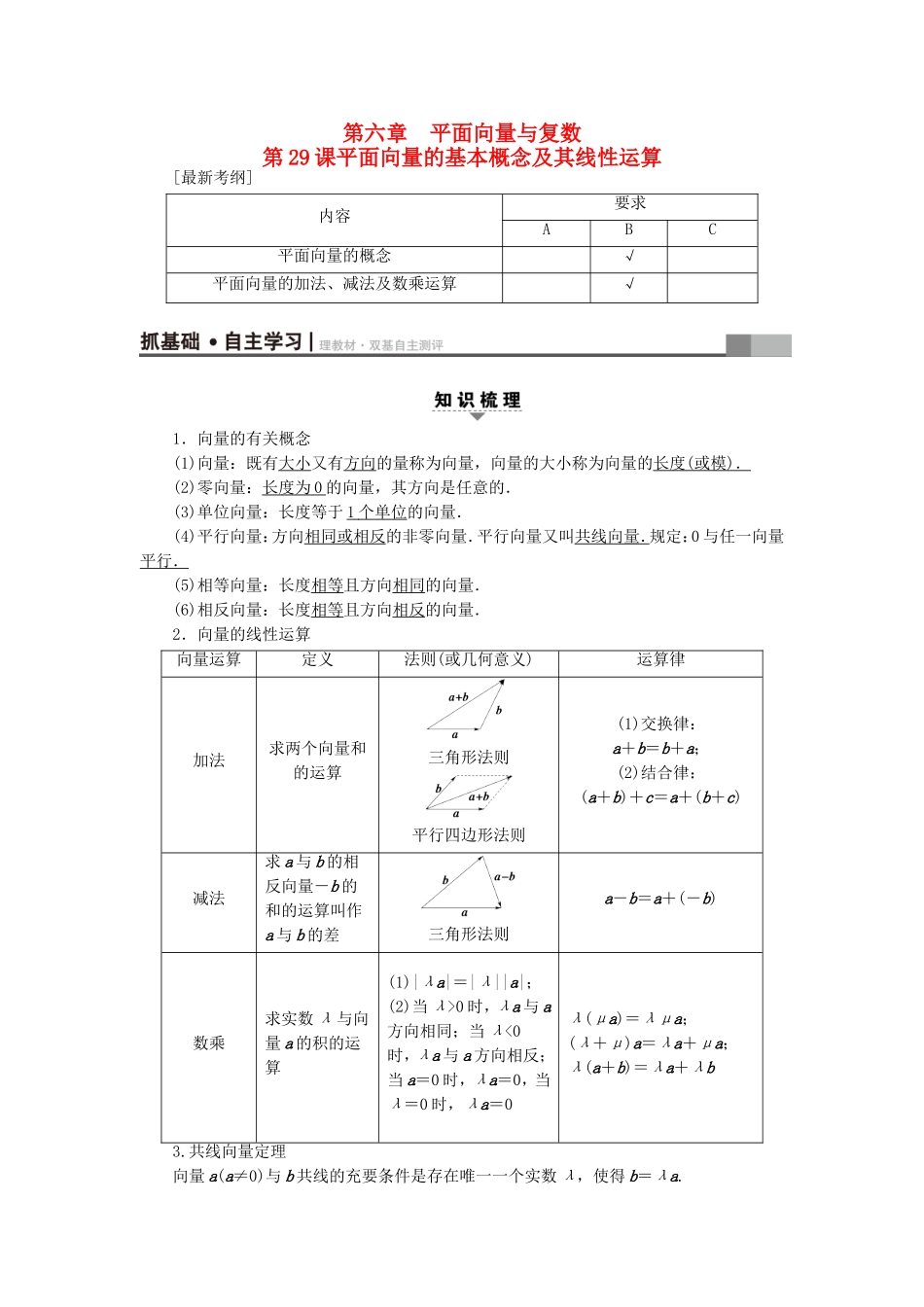 （江苏专用）高考数学一轮复习 第六章 平面向量与复数 第29课 平面向量的基本概念及其线性运算教师用书-人教版高三数学试题_第1页