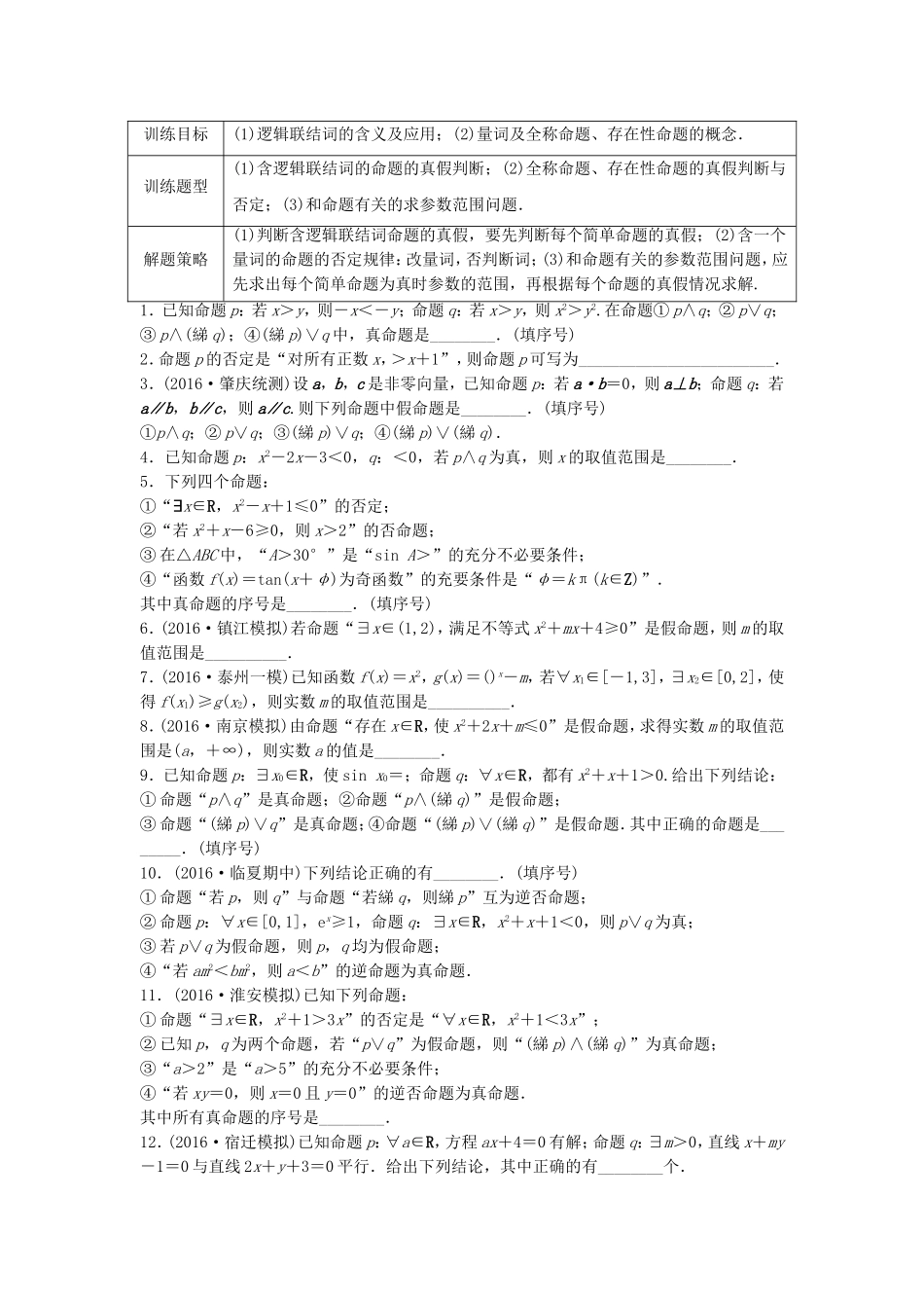 （江苏专用）高考数学专题复习 专题1 集合与常用逻辑用语 第3练 逻辑联结词、量词练习 理-人教版高三数学试题_第1页
