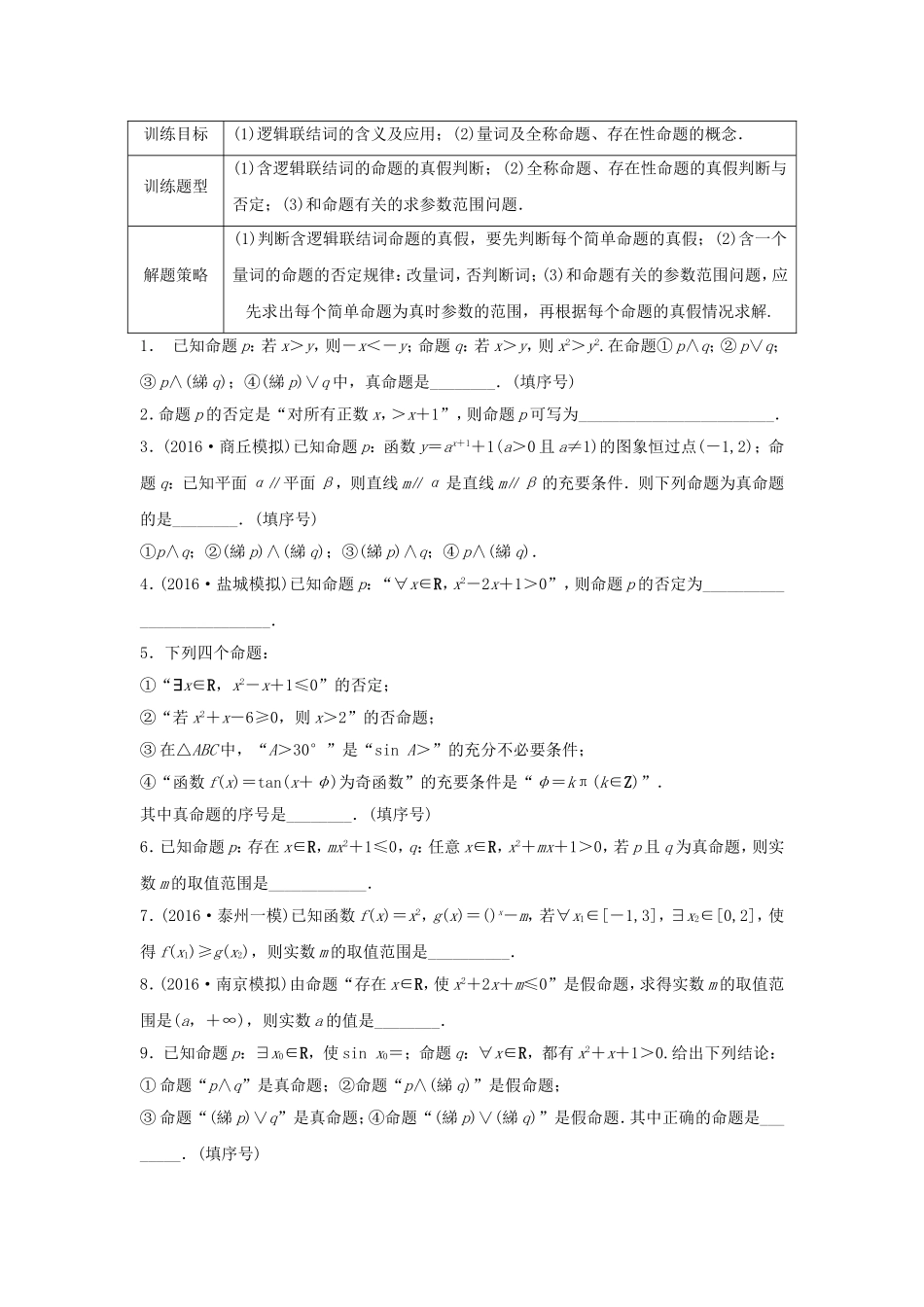 （江苏专用）高考数学专题复习 专题1 集合与常用逻辑用语 第3练 逻辑联结词、量词练习 文-人教版高三数学试题_第1页