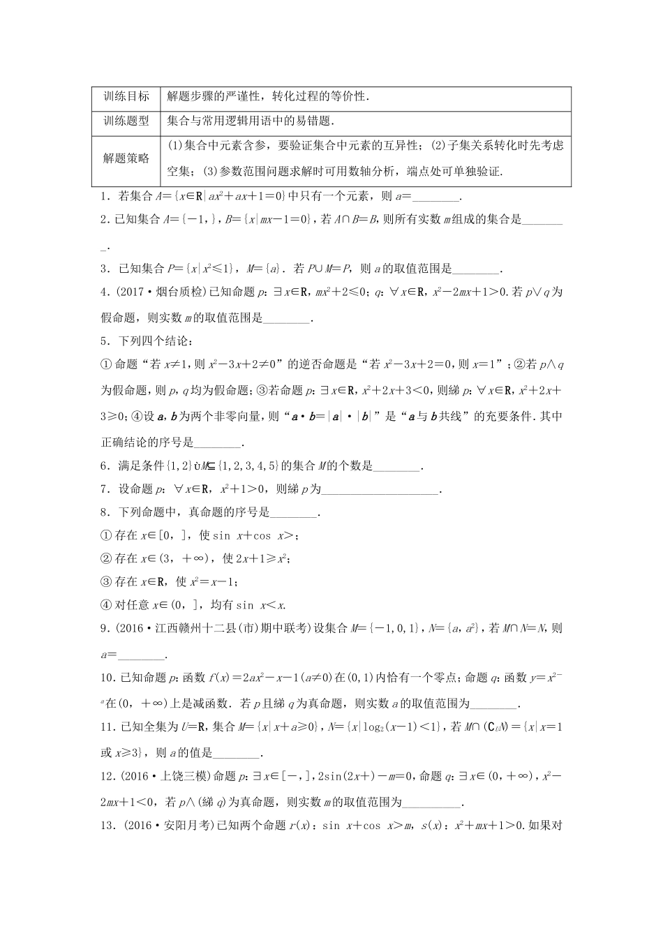 （江苏专用）高考数学专题复习 专题1 集合与常用逻辑用语 第4练 集合与常用逻辑用语中的易错题练习 文-人教版高三数学试题_第1页