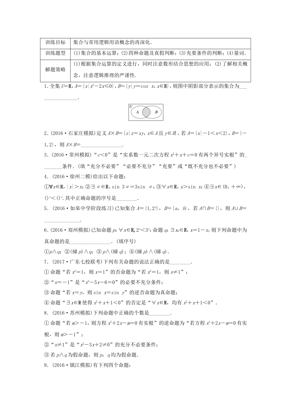 （江苏专用）高考数学专题复习 专题1 集合与常用逻辑用语 第5练 集合与常用逻辑用语综合练练习 文-人教版高三数学试题_第1页