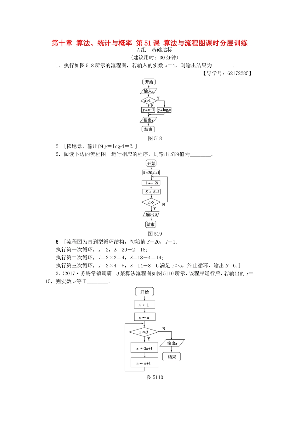 （江苏专用）高考数学一轮复习 第十章 算法、统计与概率 第51课 算法与流程图课时分层训练-人教版高三数学试题_第1页